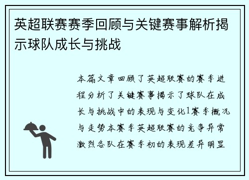 英超联赛赛季回顾与关键赛事解析揭示球队成长与挑战